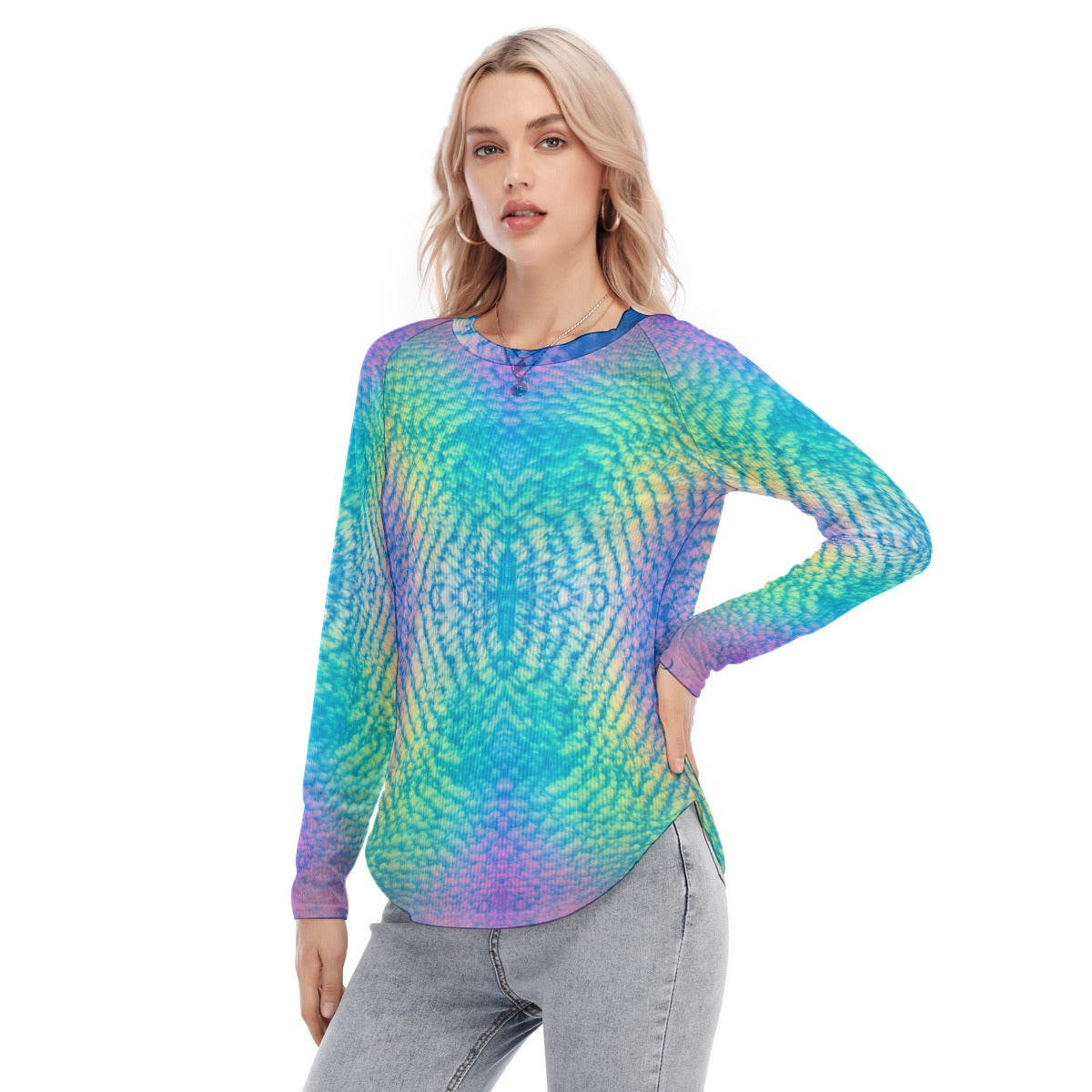 Women's Raglan Sleeves U-Shaped Hem Long Sleeves Blouse