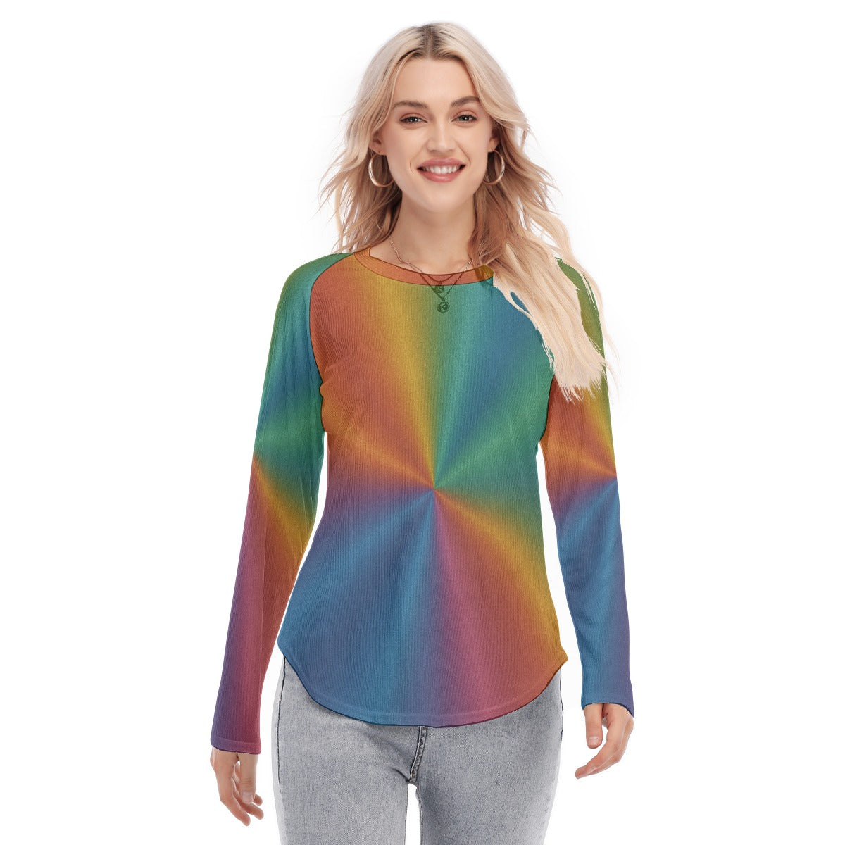 Women's Raglan Sleeves U-Shaped Hem Long Sleeves Blouse