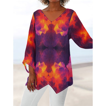 Women's V-neck T-shirt With Irregular Hem