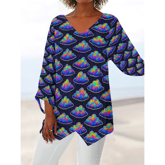 Women's V-neck T-shirt With Irregular Hem