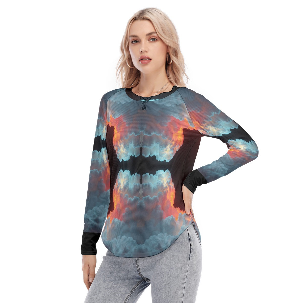 Women's Raglan Sleeves U-Shaped Hem Long Sleeves Blouse
