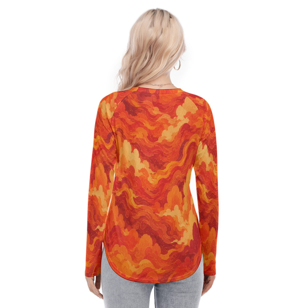 Women's Raglan Sleeves U-Shaped Hem Long Sleeves Blouse