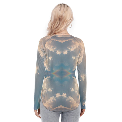 Women's Raglan Sleeves U-Shaped Hem Long Sleeves Blouse