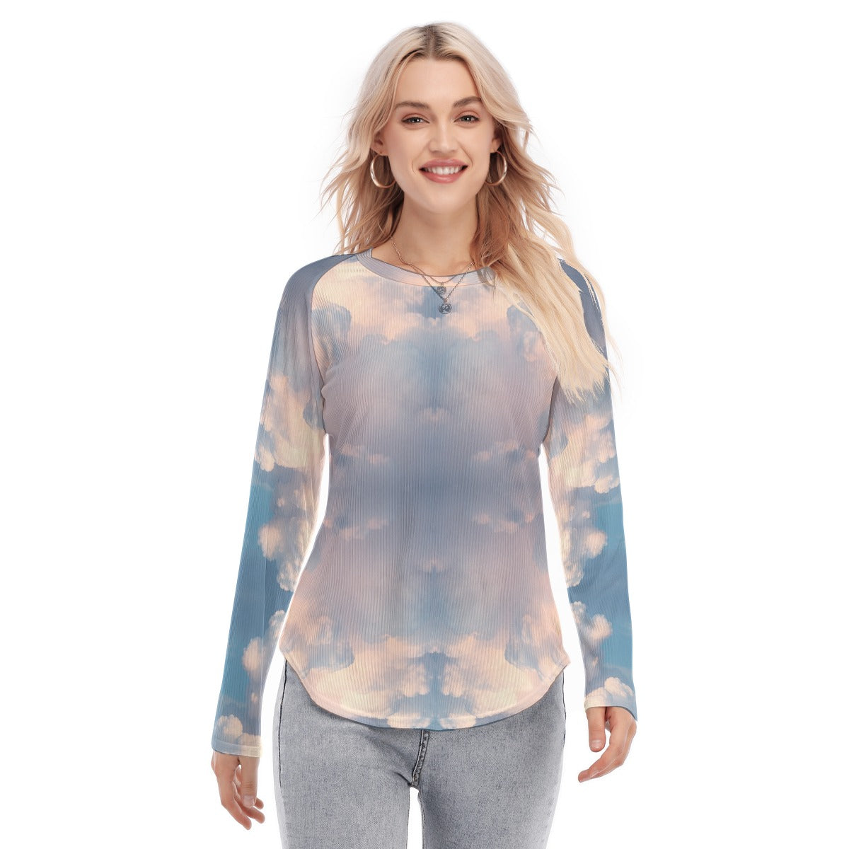 Women's Raglan Sleeves U-Shaped Hem Long Sleeves Blouse