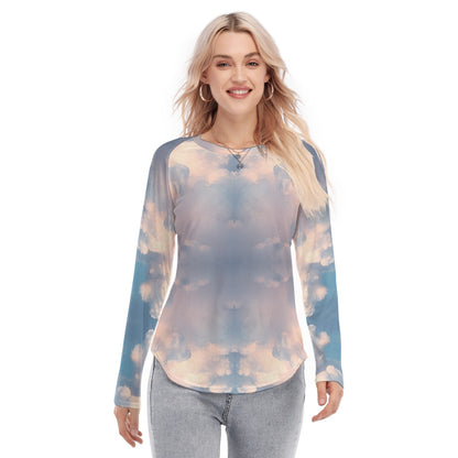 Women's Raglan Sleeves U-Shaped Hem Long Sleeves Blouse