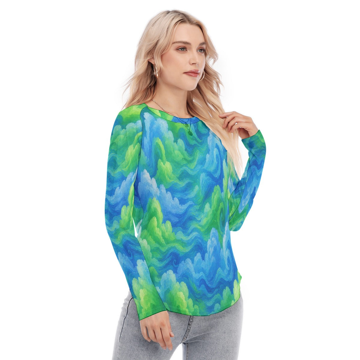 Women's Raglan Sleeves U-Shaped Hem Long Sleeves Blouse
