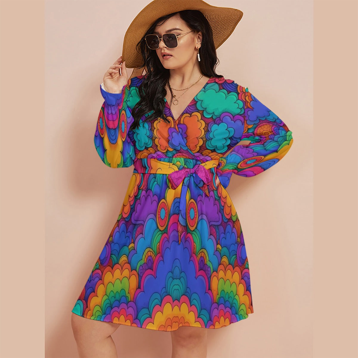 Women's V-neck Dress With Waistband(Plus Size)