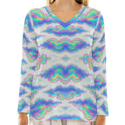 Women's Loose V-Neck T-Shirt With Long Sleeve