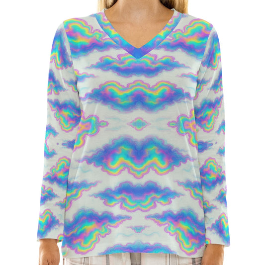 Women's Loose V-Neck T-Shirt With Long Sleeve