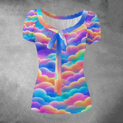 All-over print Women's Puff Sleeve Pleated Shirt