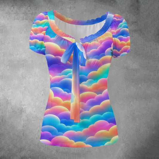 All-over print Women's Puff Sleeve Pleated Shirt