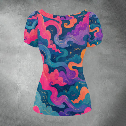 All-over print Women's Puff Sleeve Pleated Shirt