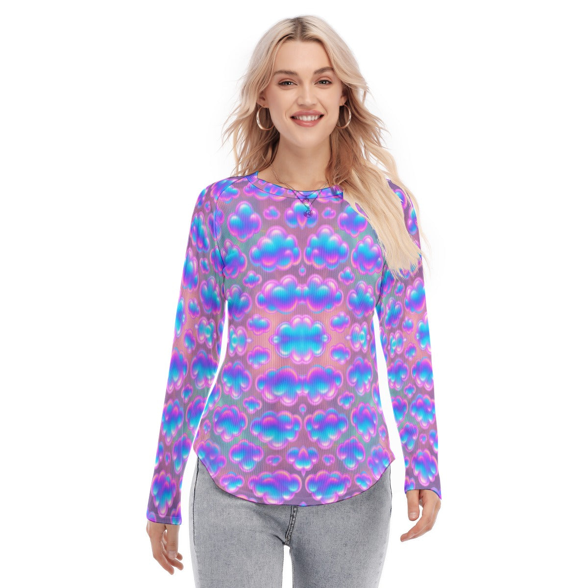 Women's Raglan Sleeves U-Shaped Hem Long Sleeves Blouse