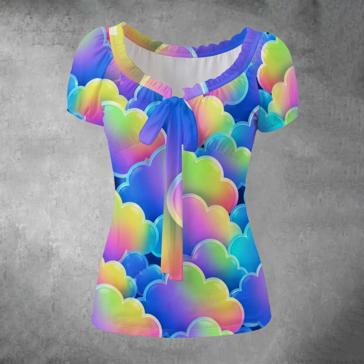 All-over print Women's Puff Sleeve Pleated Shirt