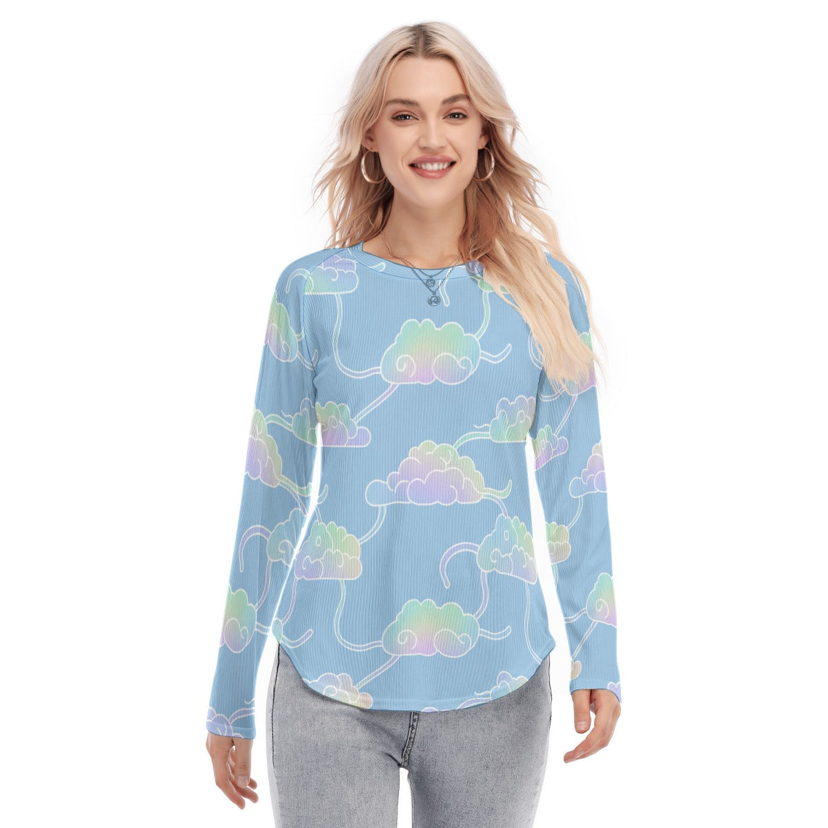 Women's Raglan Sleeves U-Shaped Hem Long Sleeves Blouse