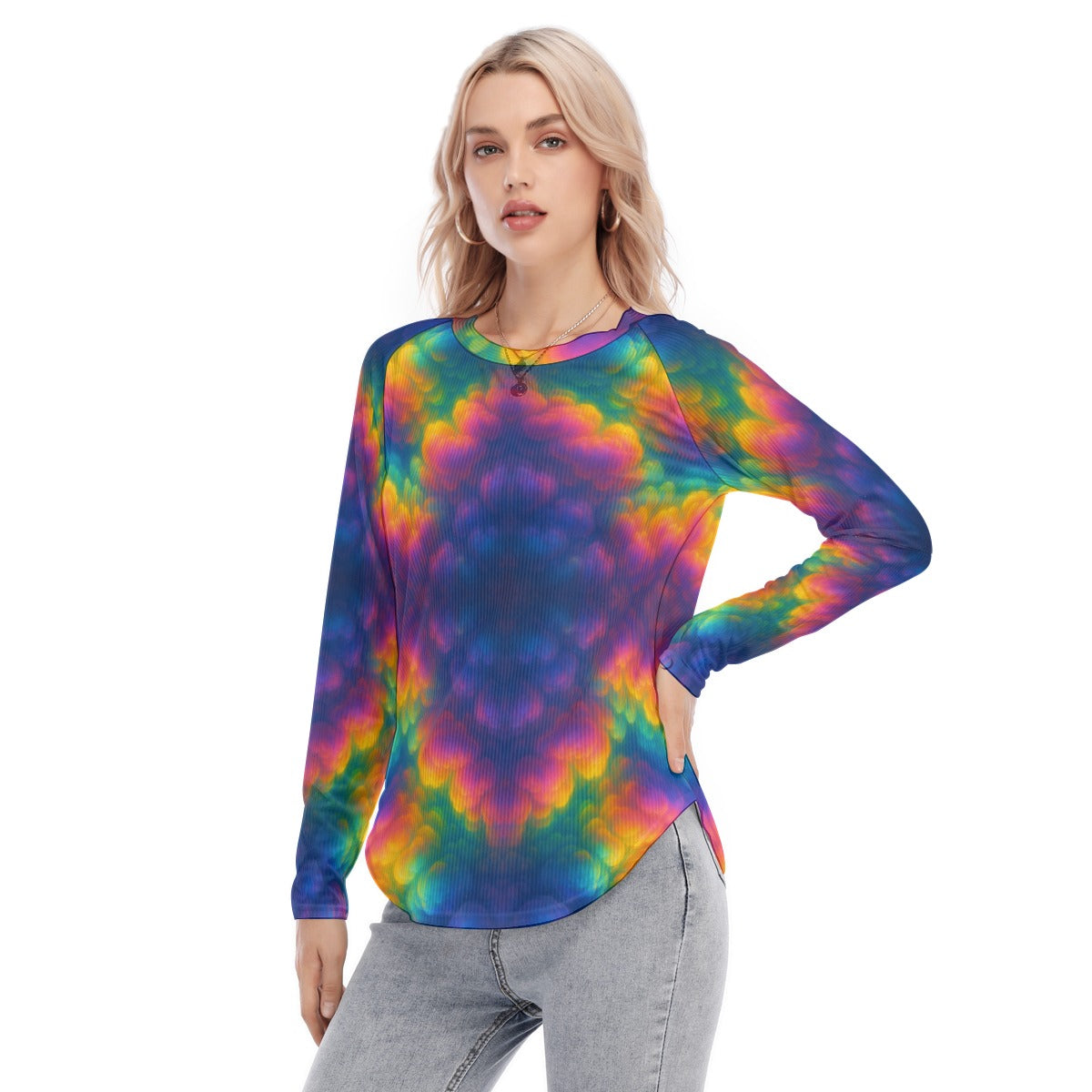 Women's Raglan Sleeves U-Shaped Hem Long Sleeves Blouse