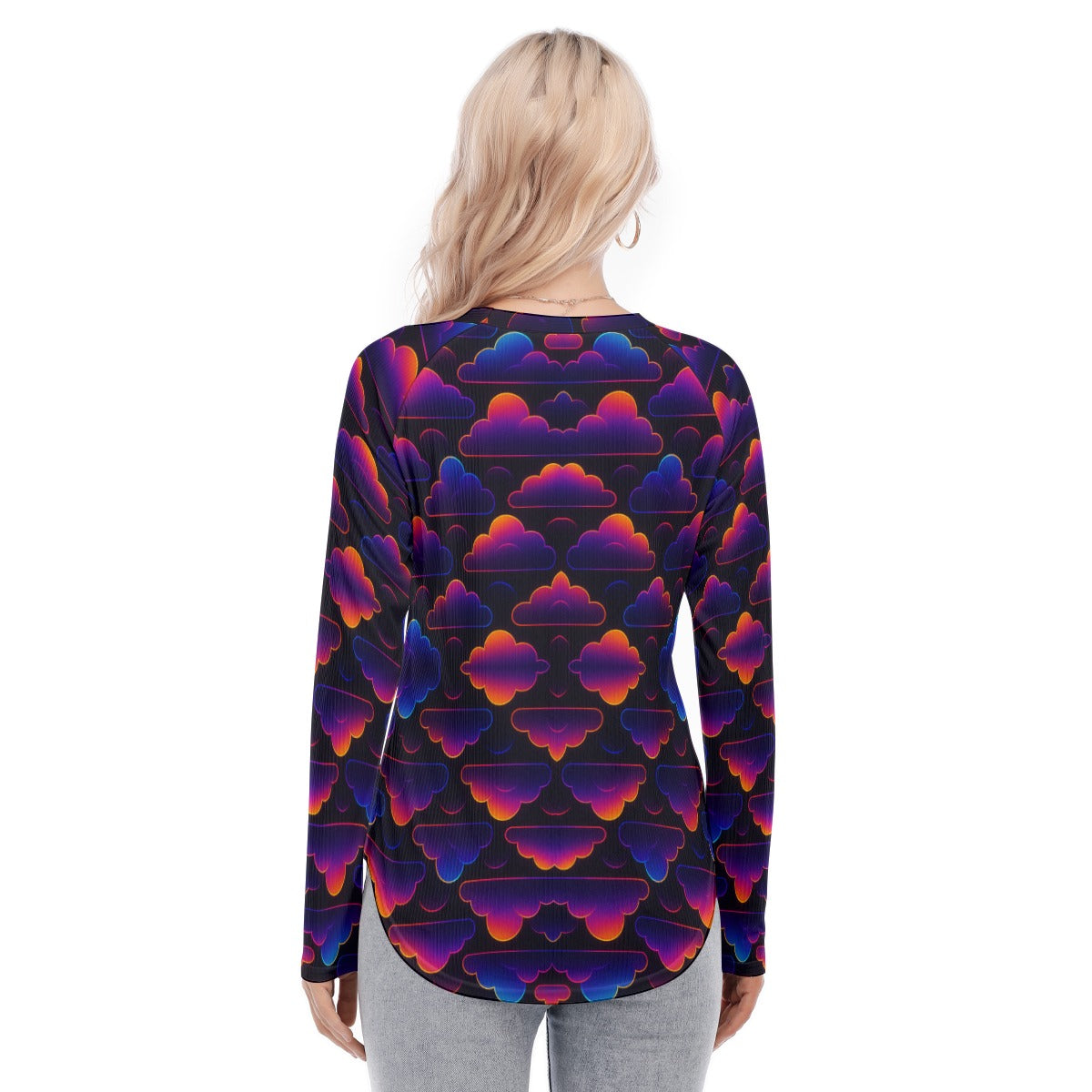 Women's Raglan Sleeves U-Shaped Hem Long Sleeves Blouse