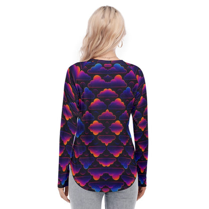 Women's Raglan Sleeves U-Shaped Hem Long Sleeves Blouse