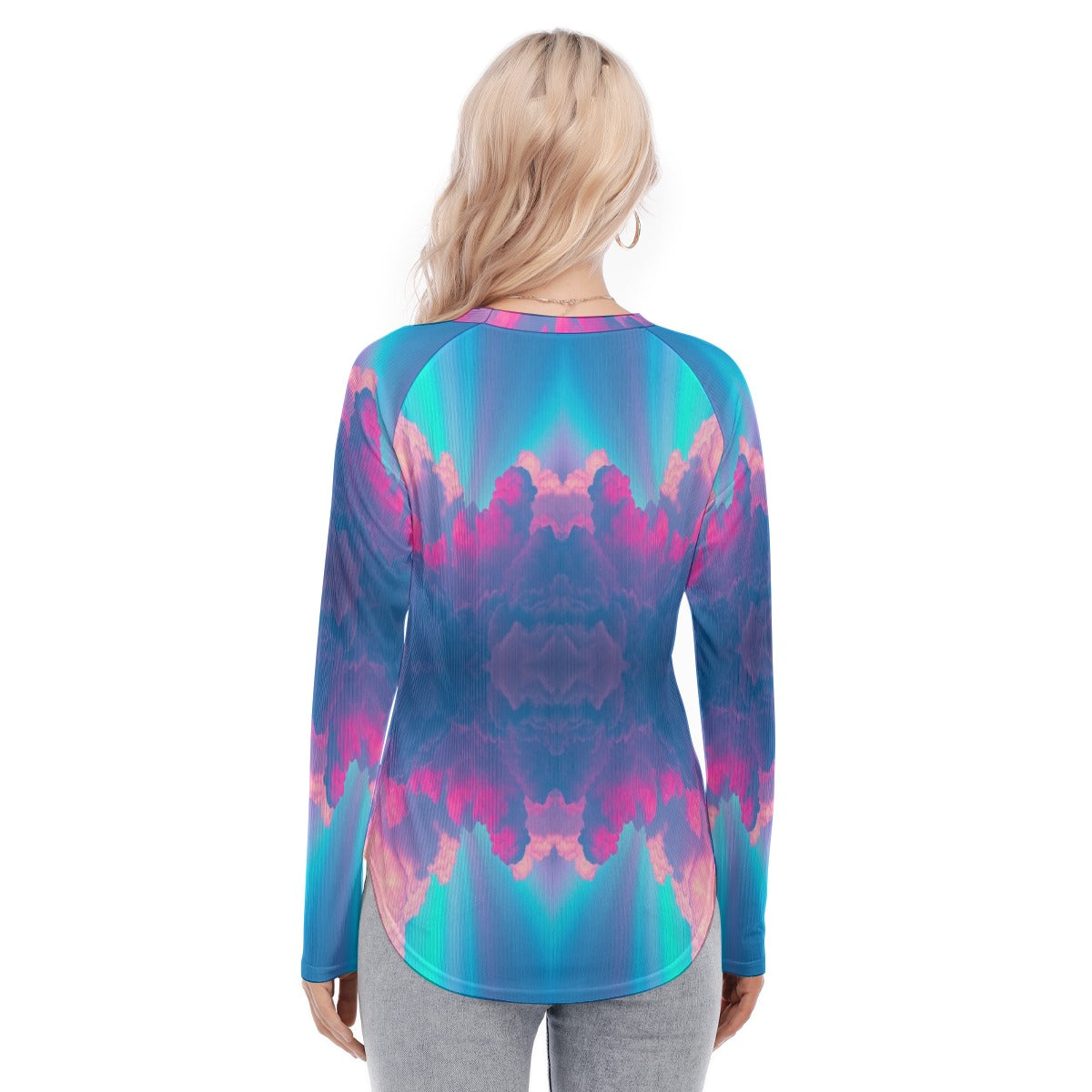 Women's Raglan Sleeves U-Shaped Hem Long Sleeves Blouse