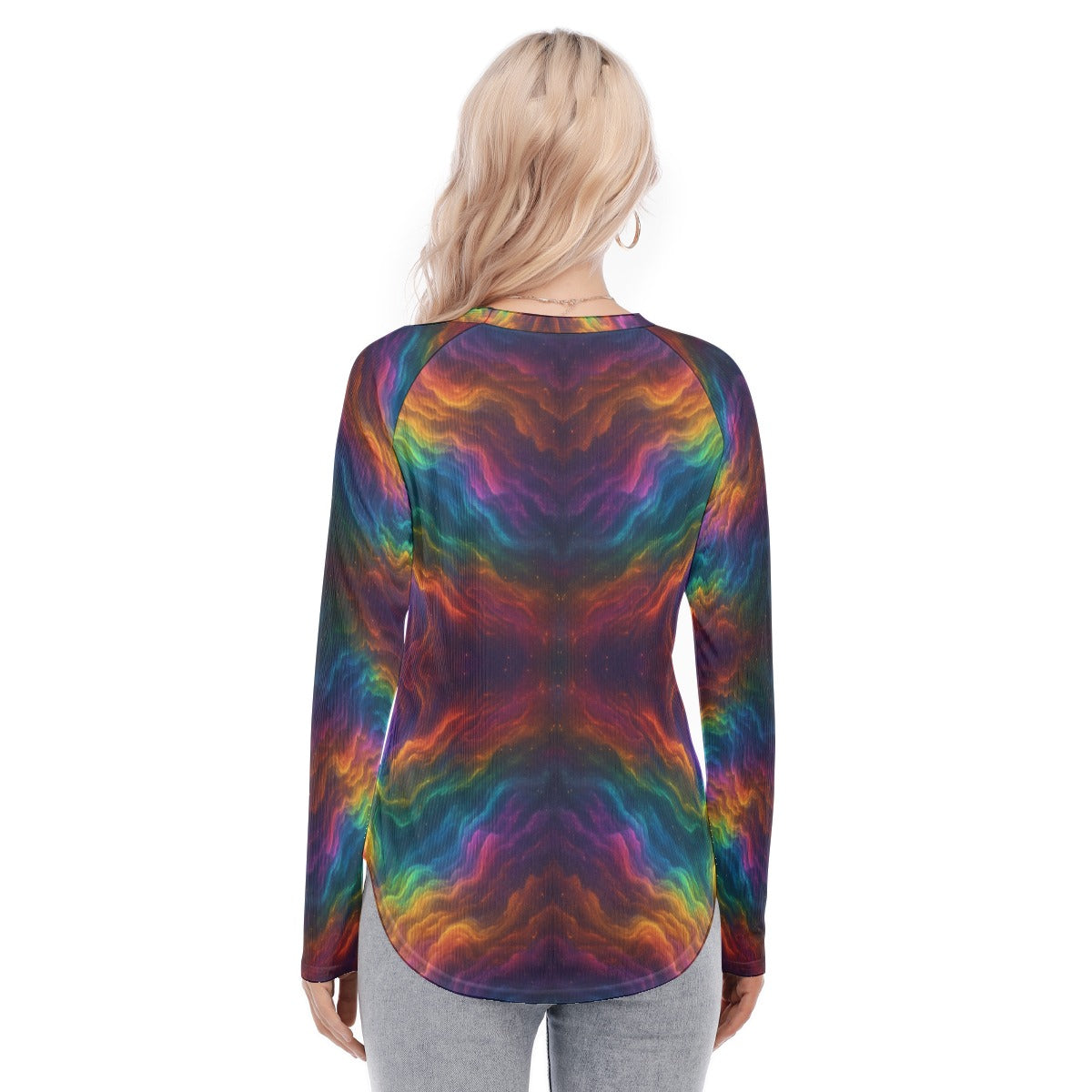 Women's Raglan Sleeves U-Shaped Hem Long Sleeves Blouse