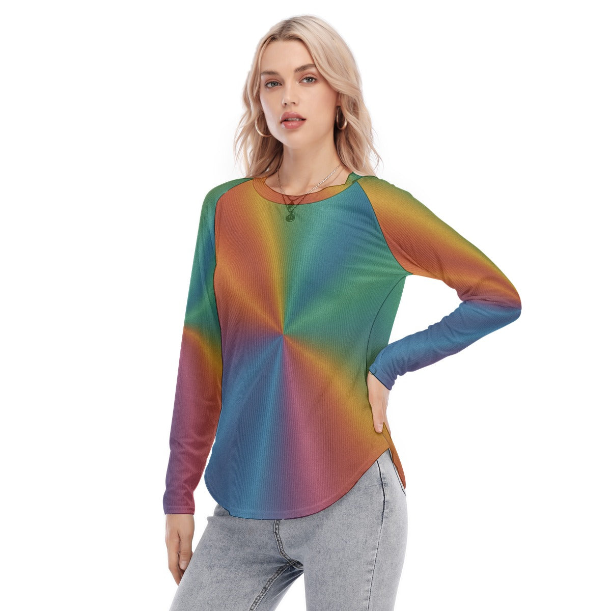 Women's Raglan Sleeves U-Shaped Hem Long Sleeves Blouse