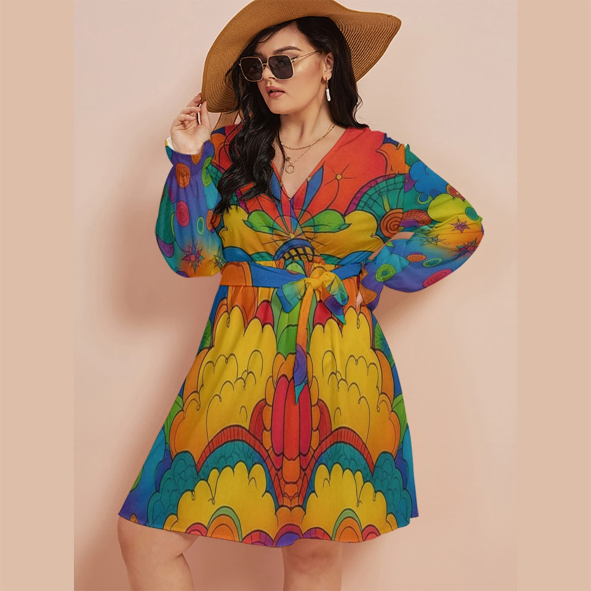 Women's V-neck Dress With Waistband(Plus Size)