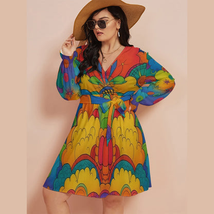 Women's V-neck Dress With Waistband(Plus Size)