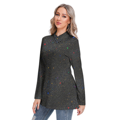 Women's Long-sleeved Heap-neck Slim Casual Tunic Blouse