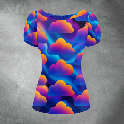 All-over print Women's Puff Sleeve Pleated Shirt