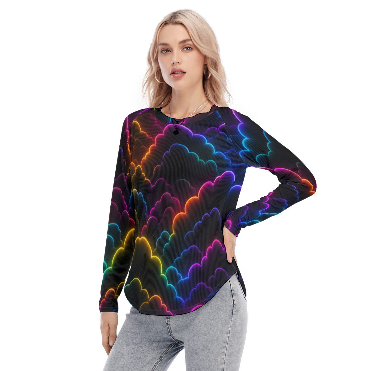 Women's Raglan Sleeves U-Shaped Hem Long Sleeves Blouse