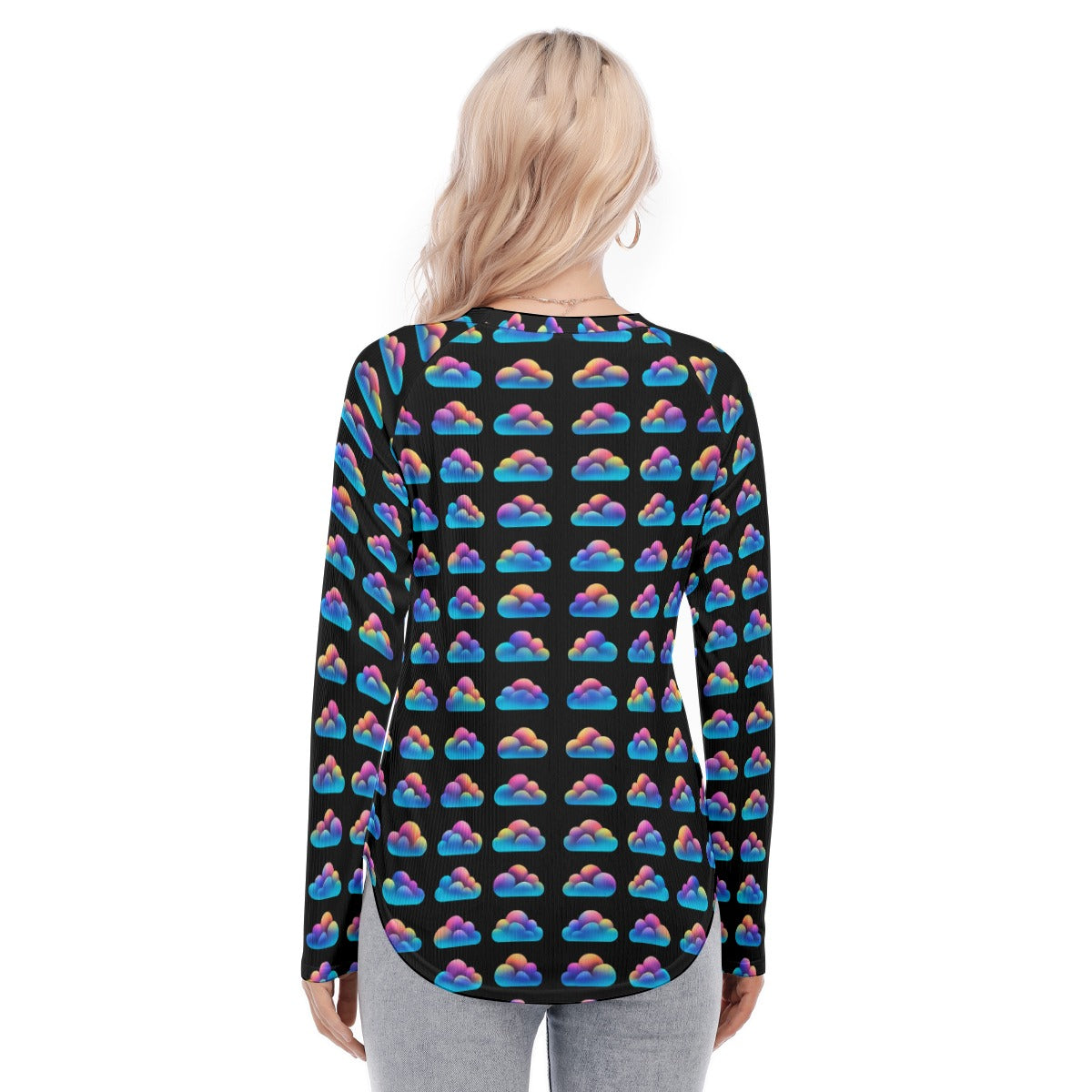 Women's Raglan Sleeves U-Shaped Hem Long Sleeves Blouse