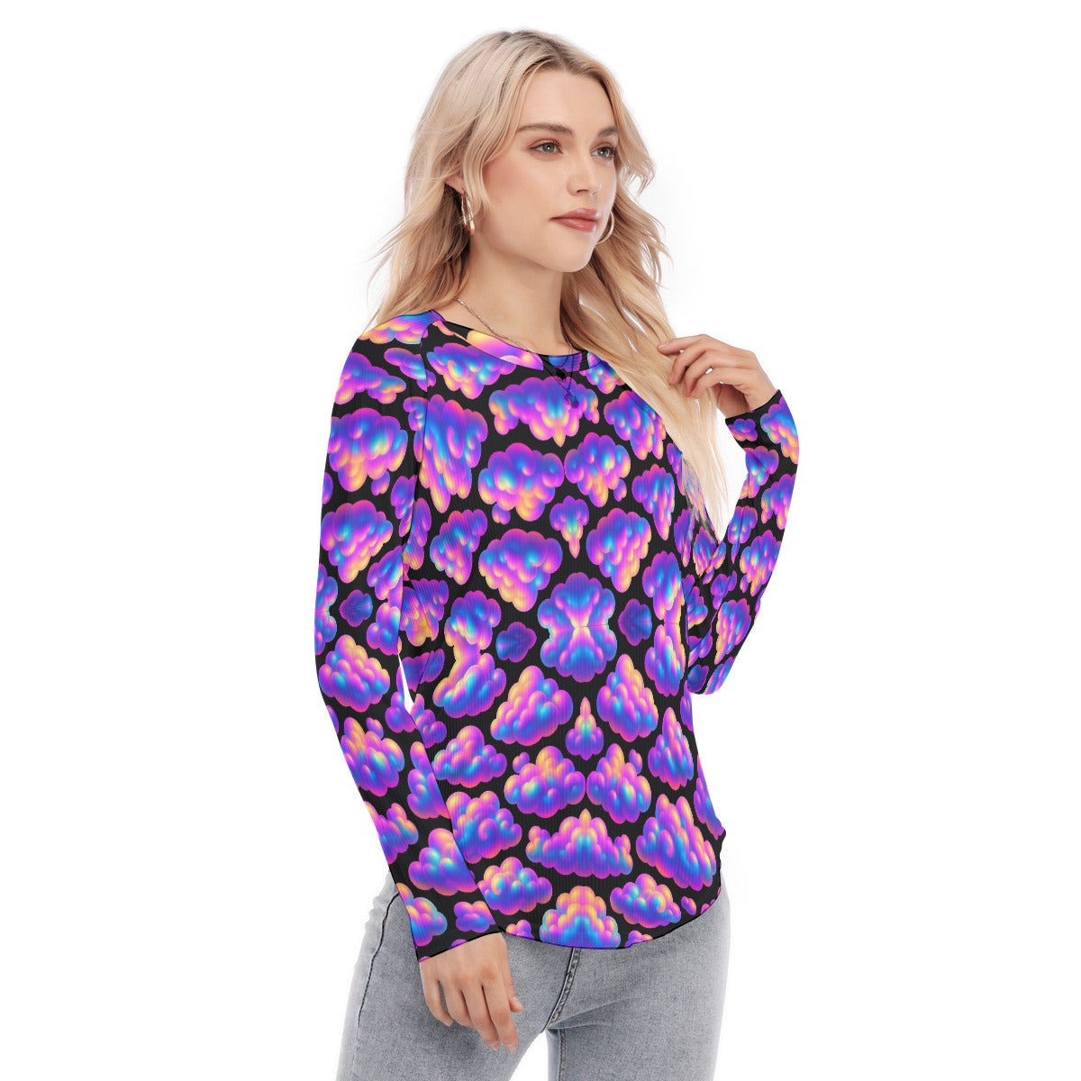 Women's Raglan Sleeves U-Shaped Hem Long Sleeves Blouse