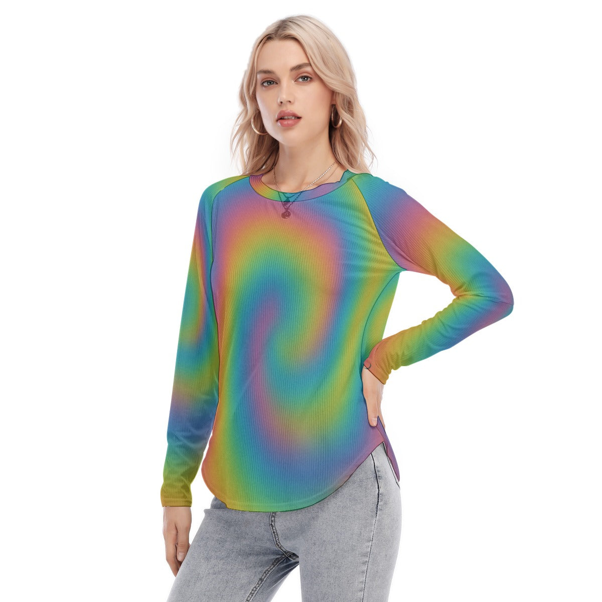 Women's Raglan Sleeves U-Shaped Hem Long Sleeves Blouse