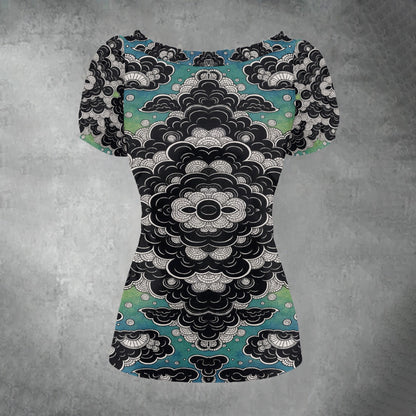 All-over print Women's Puff Sleeve Pleated Shirt