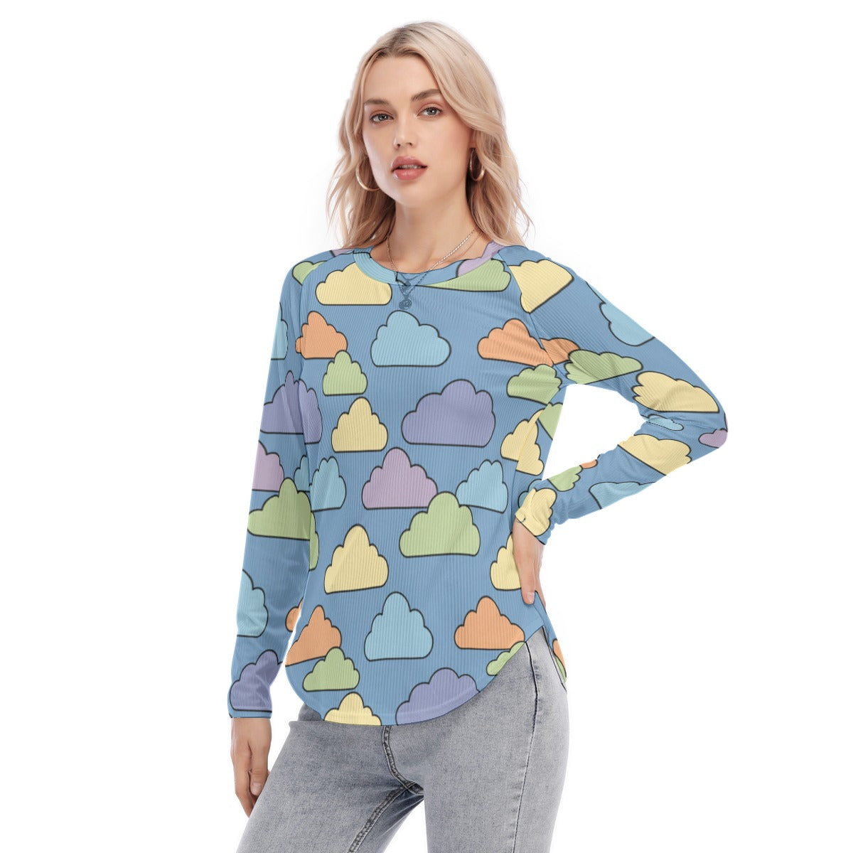 Women's Raglan Sleeves U-Shaped Hem Long Sleeves Blouse