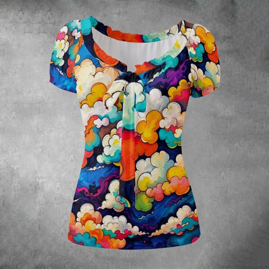 All-over print Women's Puff Sleeve Pleated Shirt