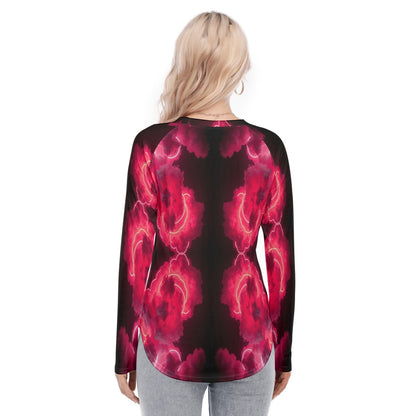 Women's Raglan Sleeves U-Shaped Hem Long Sleeves Blouse