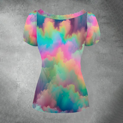 All-over print Women's Puff Sleeve Pleated Shirt