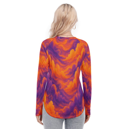 Women's Raglan Sleeves U-Shaped Hem Long Sleeves Blouse