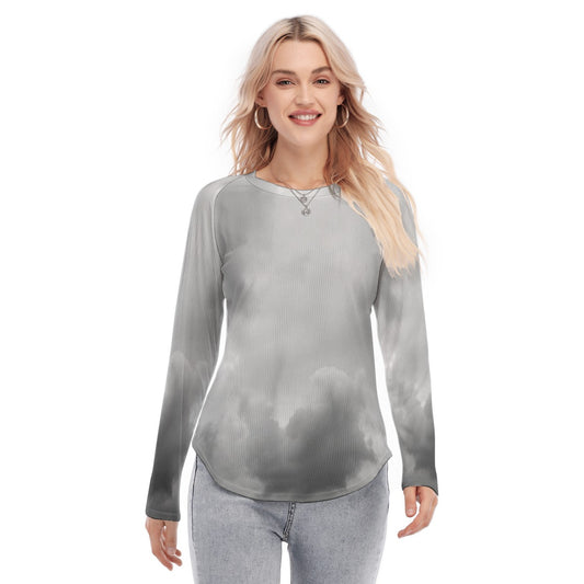 Women's Raglan Sleeves U-Shaped Hem Long Sleeves Blouse