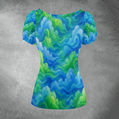 All-over print Women's Puff Sleeve Pleated Shirt