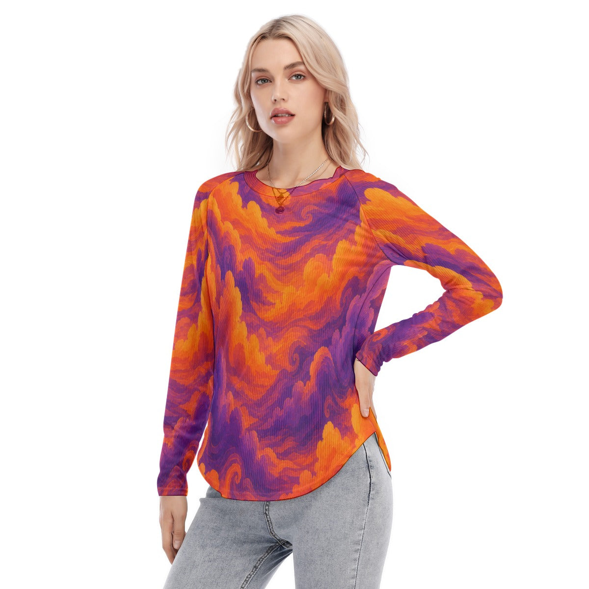 Women's Raglan Sleeves U-Shaped Hem Long Sleeves Blouse