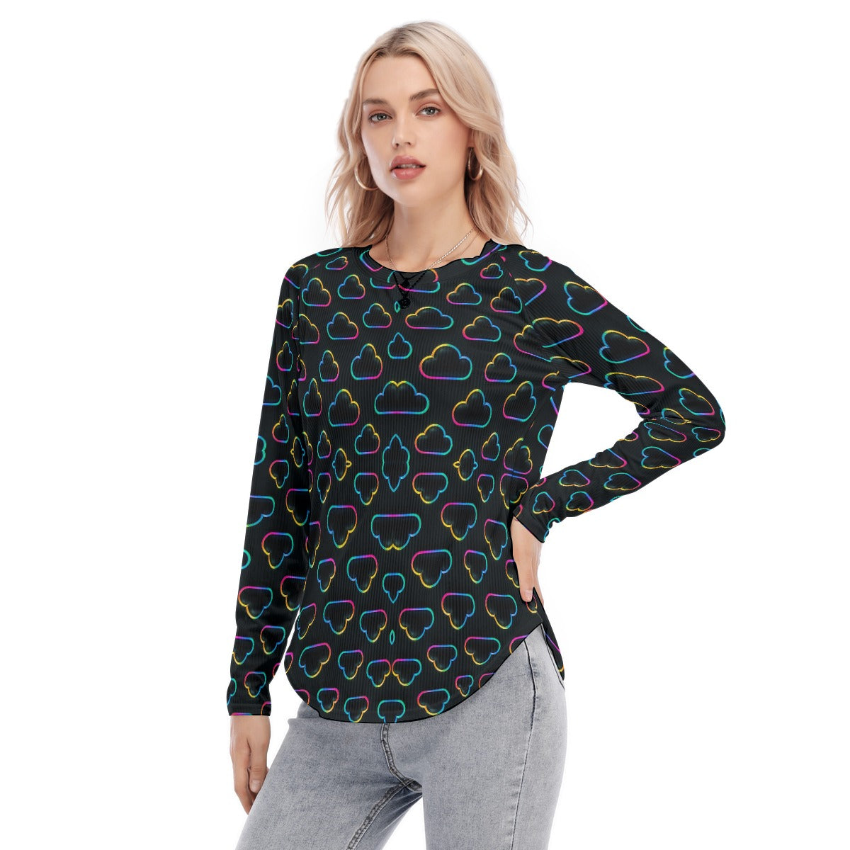 Women's Raglan Sleeves U-Shaped Hem Long Sleeves Blouse