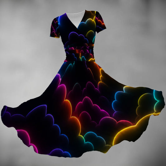 All-over Print Women's Short Sleeve V Neck Midi Dress
