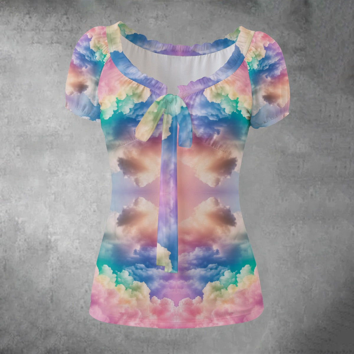 All-over print Women's Puff Sleeve Pleated Shirt