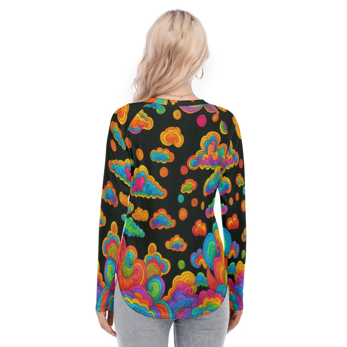 Women's Raglan Sleeves U-Shaped Hem Long Sleeves Blouse