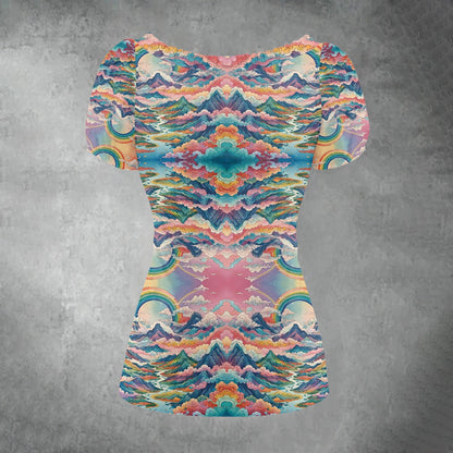 All-over print Women's Puff Sleeve Pleated Shirt