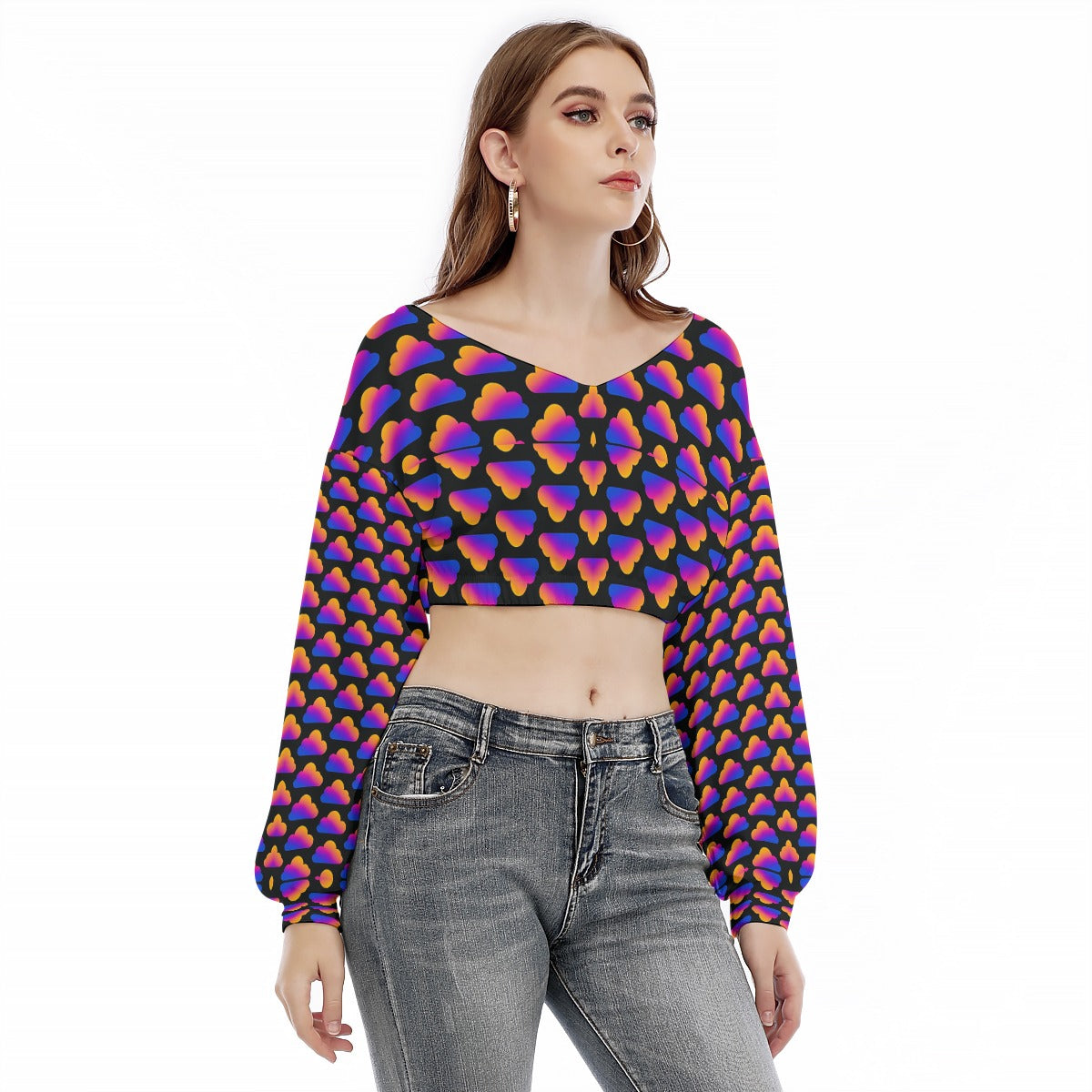 Women's V-neck Long Sleeve Cropped Sweatshirt