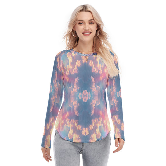 Women's Raglan Sleeves U-Shaped Hem Long Sleeves Blouse