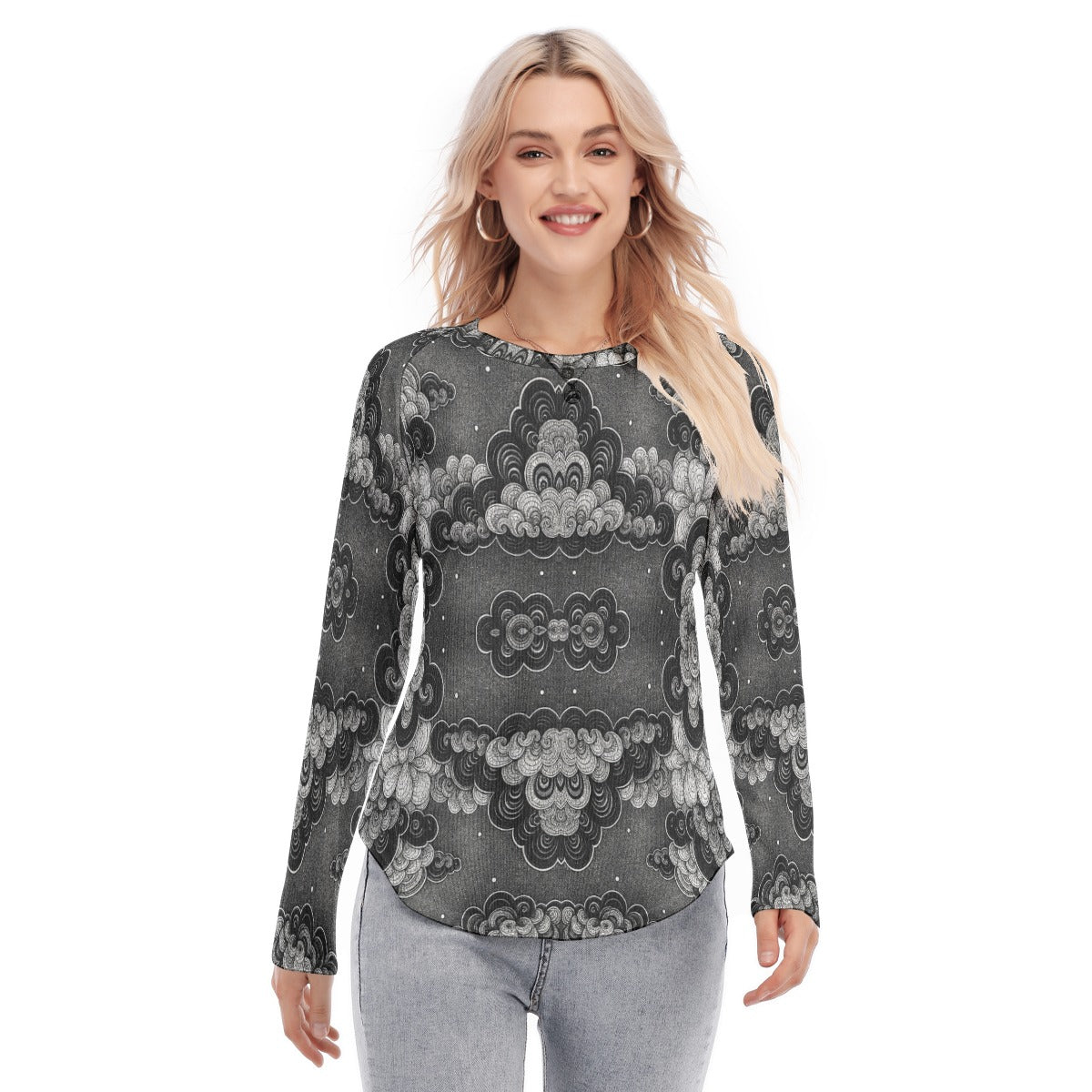 Women's Raglan Sleeves U-Shaped Hem Long Sleeves Blouse